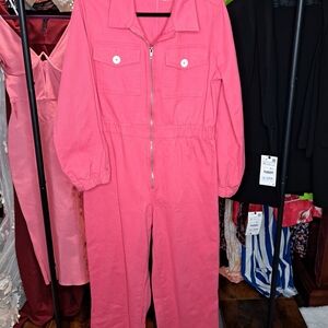 ASOS DESIGN denim zip through jumpsuit in hot Pink